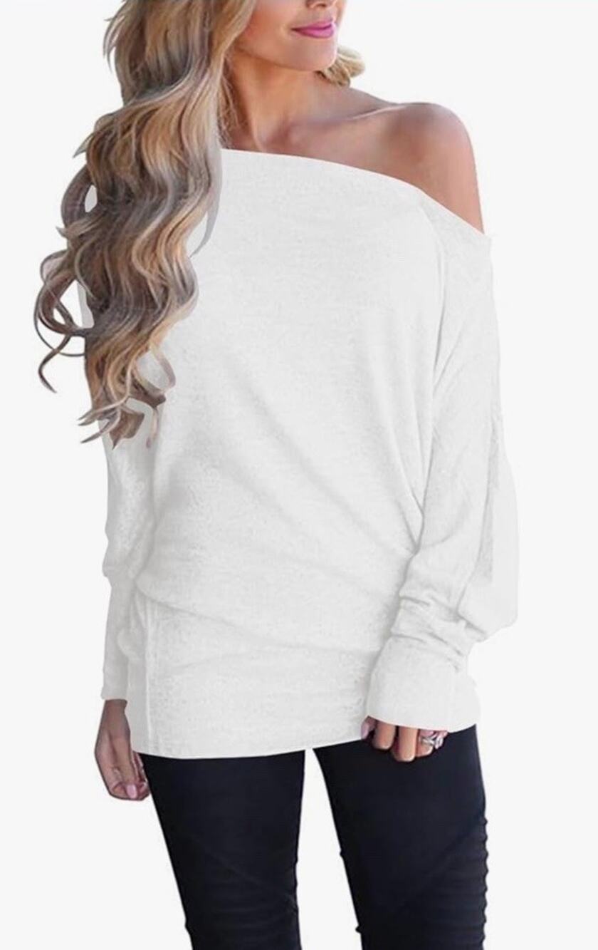 Potesky Womens Pullover Long Sleeve Off Shoulder Bat Wing Sleeves IVORY Size L
